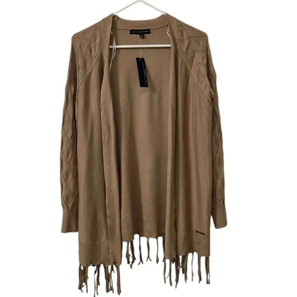 Adrienne Vittadini Tan Fringed Open Front Cardigan(Size Medium)